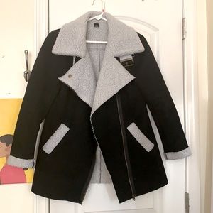 Suede shearling faux fur moto jacket coat